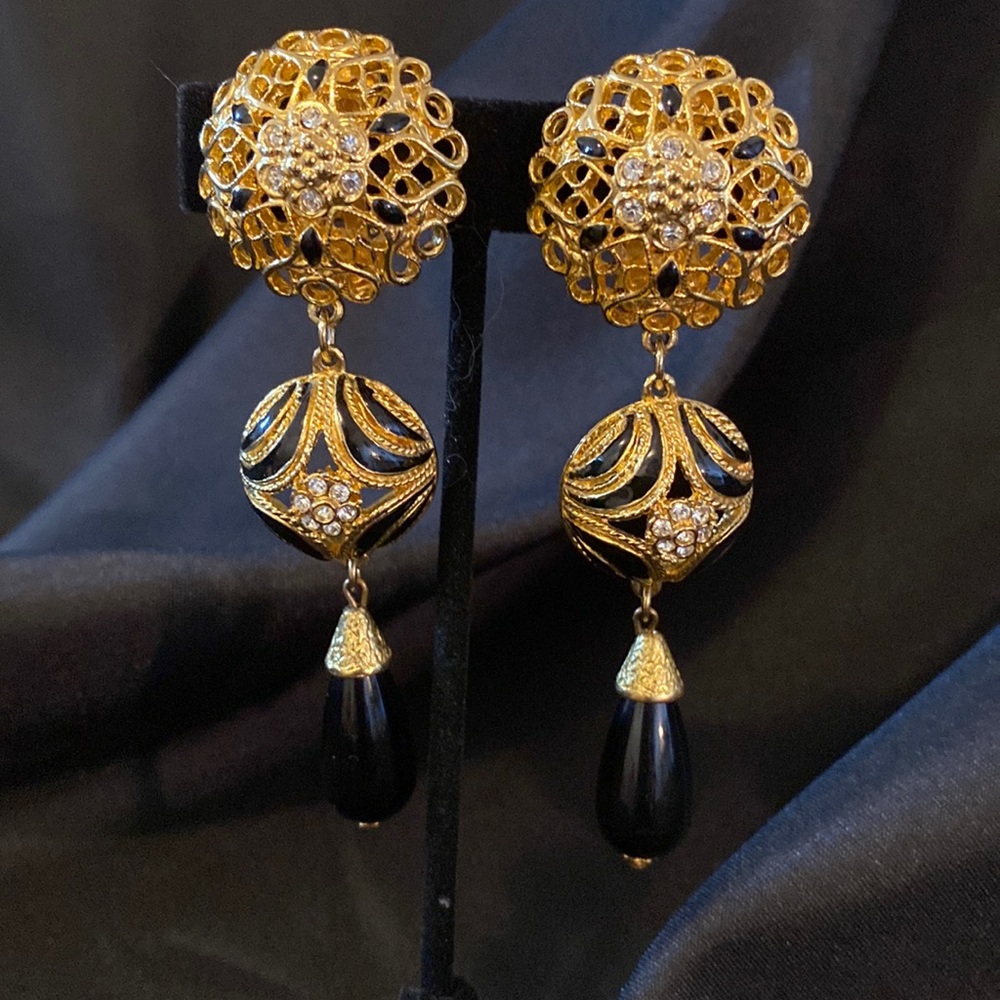 Graft Gold Black Teardrop and Rhinestones Long Dangle Clip Earrings